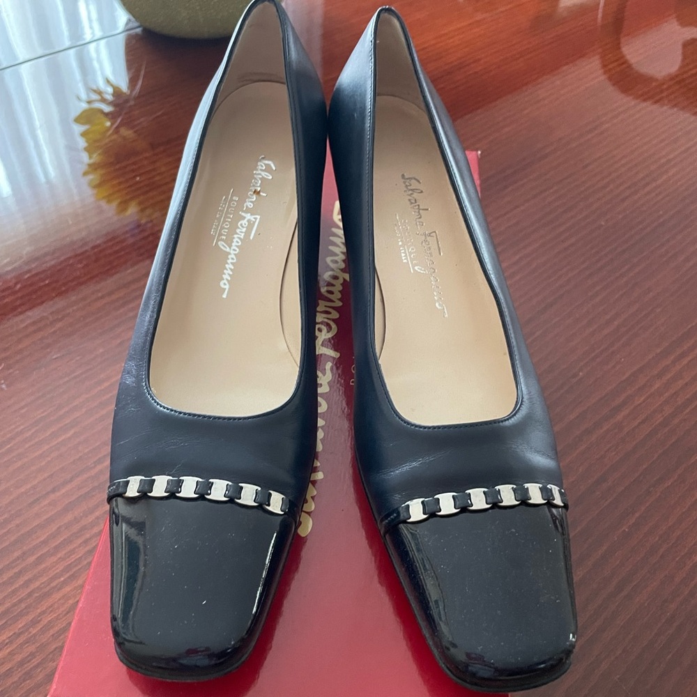 Salvatore Ferragamo navy Heels with Square Toe